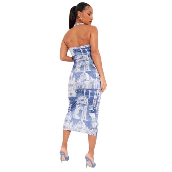 Pretty Little Thing Blue and White City Print Sleeveless Midi Dress Nwt Size 4 - Picture 3 of 7